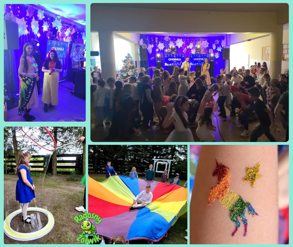 Mozaika zdjęć z imprezy dla dzieci: występy, zabawy z chustą animacyjną, bańki mydlane i brokatowy tatuaż jednorożca. Kolorowe atrakcje, uśmiechy i dobra zabawa.
