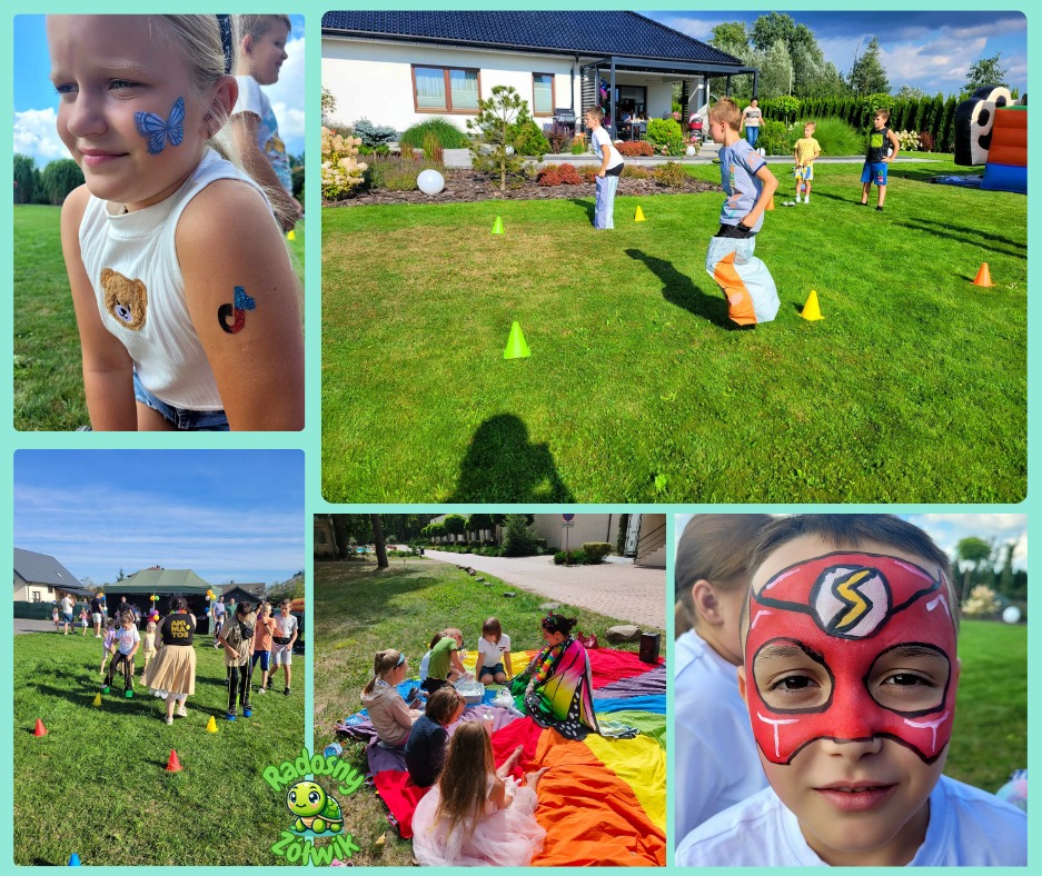 Kolaż zdjęć z imprezy plenerowej dla dzieci: malowanie twarzy, zabawy w workach i animacje na trawie. Kolorowe stroje i uśmiechnięte twarze.