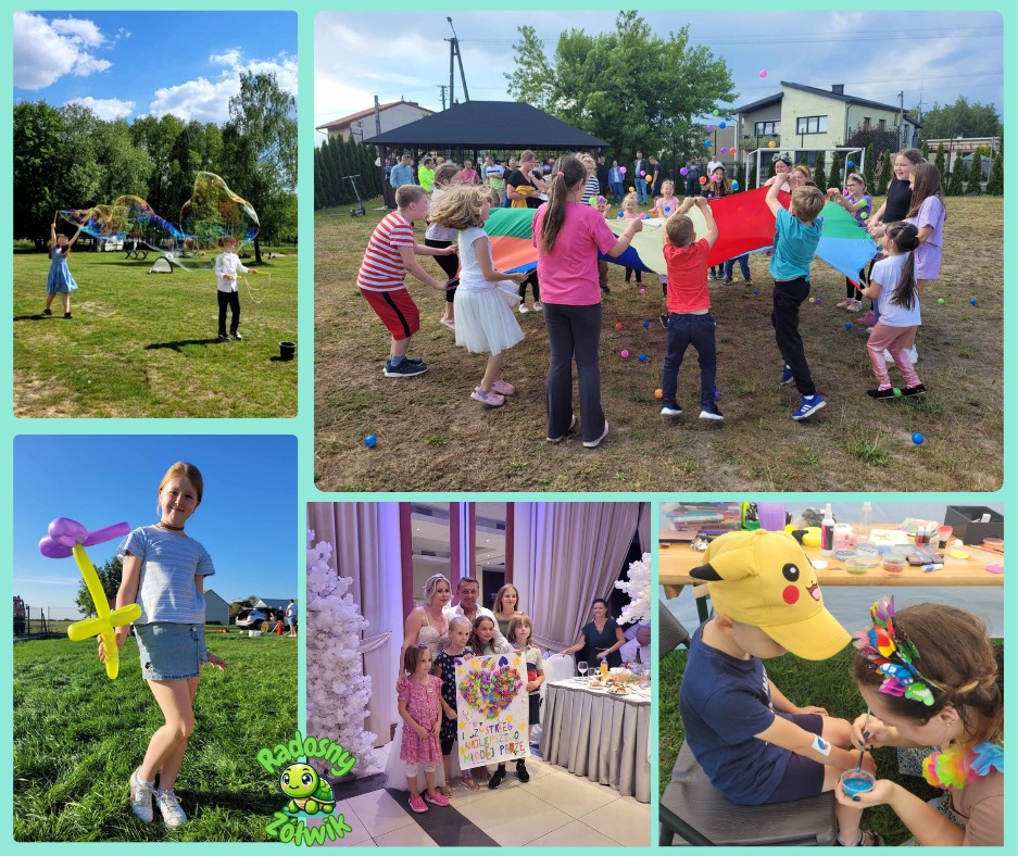 Montaż zdjęć z imprezy dla dzieci: puszczanie baniek, zabawy z chustą animacyjną, malowanie twarzy, modelowanie balonów i pamiątkowe zdjęcie z nagrodą.