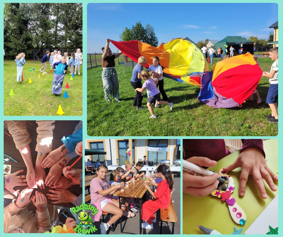 Kolorowy kolaż z imprezy dla dzieci: skakanie w workach, zabawa z chustą animacyjną, malowanie tatuaży i tworzenie ozdób. Radosna atmosfera.