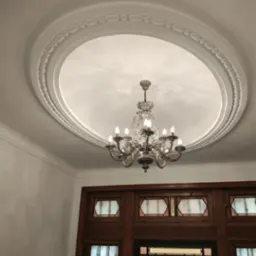 Klasyczny sufit z gładzią i dekoracyjnym okręgiem, podwieszony żyrandol. Widoczne drewniane drzwi z przeszkleniami w stylu art deco.