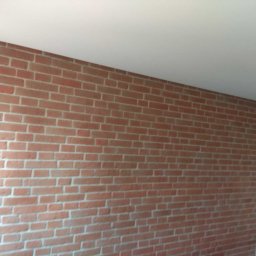 Katarzya Jarosław - Ściana wykończona czerwoną cegłą w mieszkaniu w Krakowie, z widocznym białym sufitem i wiszącą żarówką. Ciekawa faktura i kolorystyka cegieł.