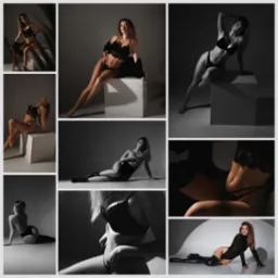 Czarno-biały kolaż z ujęciami kobiety w bieliźnie na tle studyjnym z białym sześcianem, różne pozy i kąty, podkreślające kobiece kształty i tekstury materiałów.