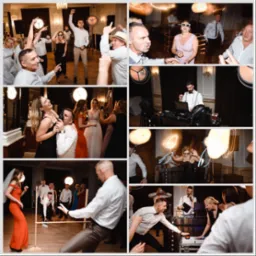 Kolaż zdjęć z imprezy: tańczący goście, DJ za konsoletą, zabawa limbo, interaktywna gra z przyciskami, oświetlenie sceniczne.