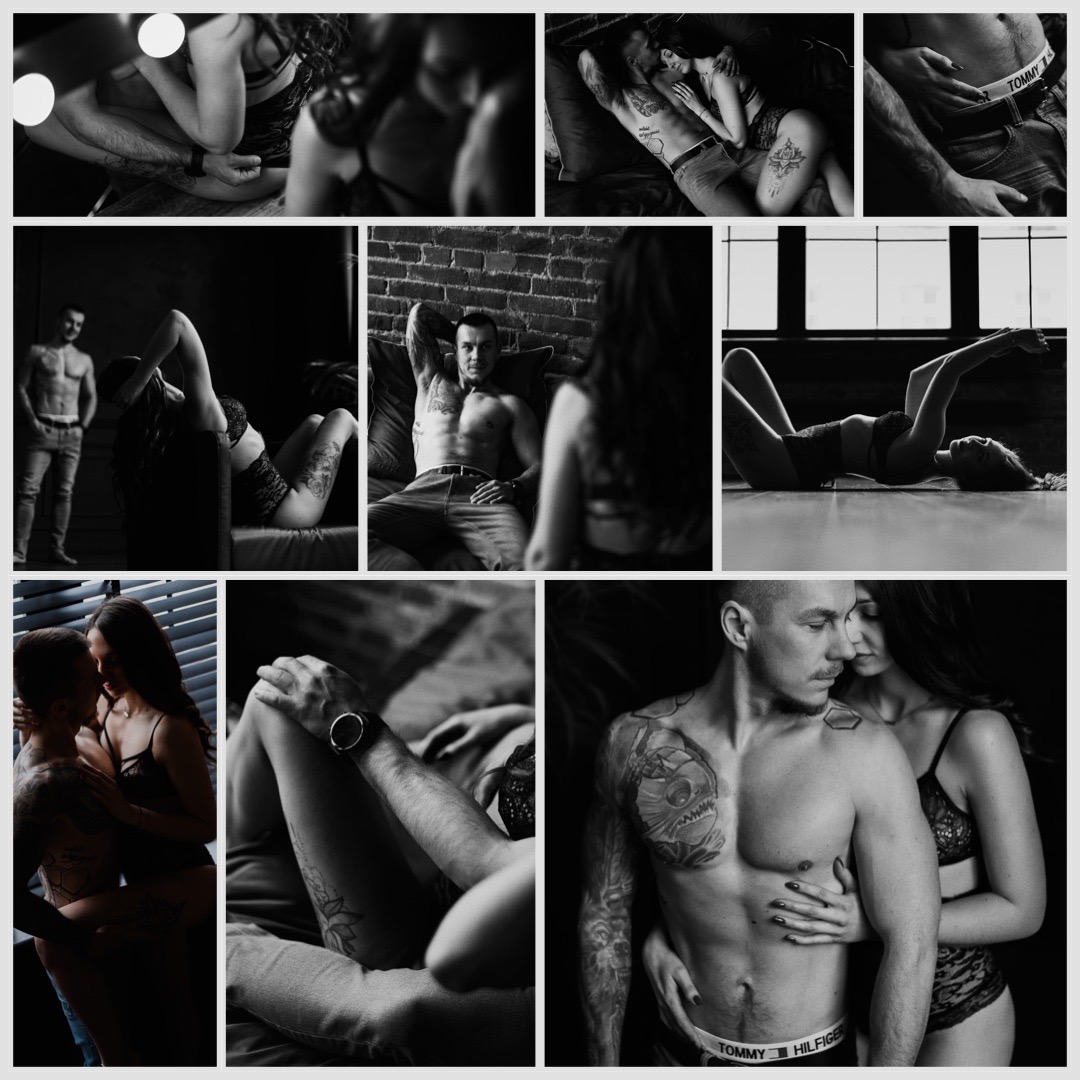 Czarno-biały kolaż zdjęć przedstawiający parę w różnych pozach, mężczyzna z tatuażami, kobieta w bieliźnie, różne ujęcia i zbliżenia.