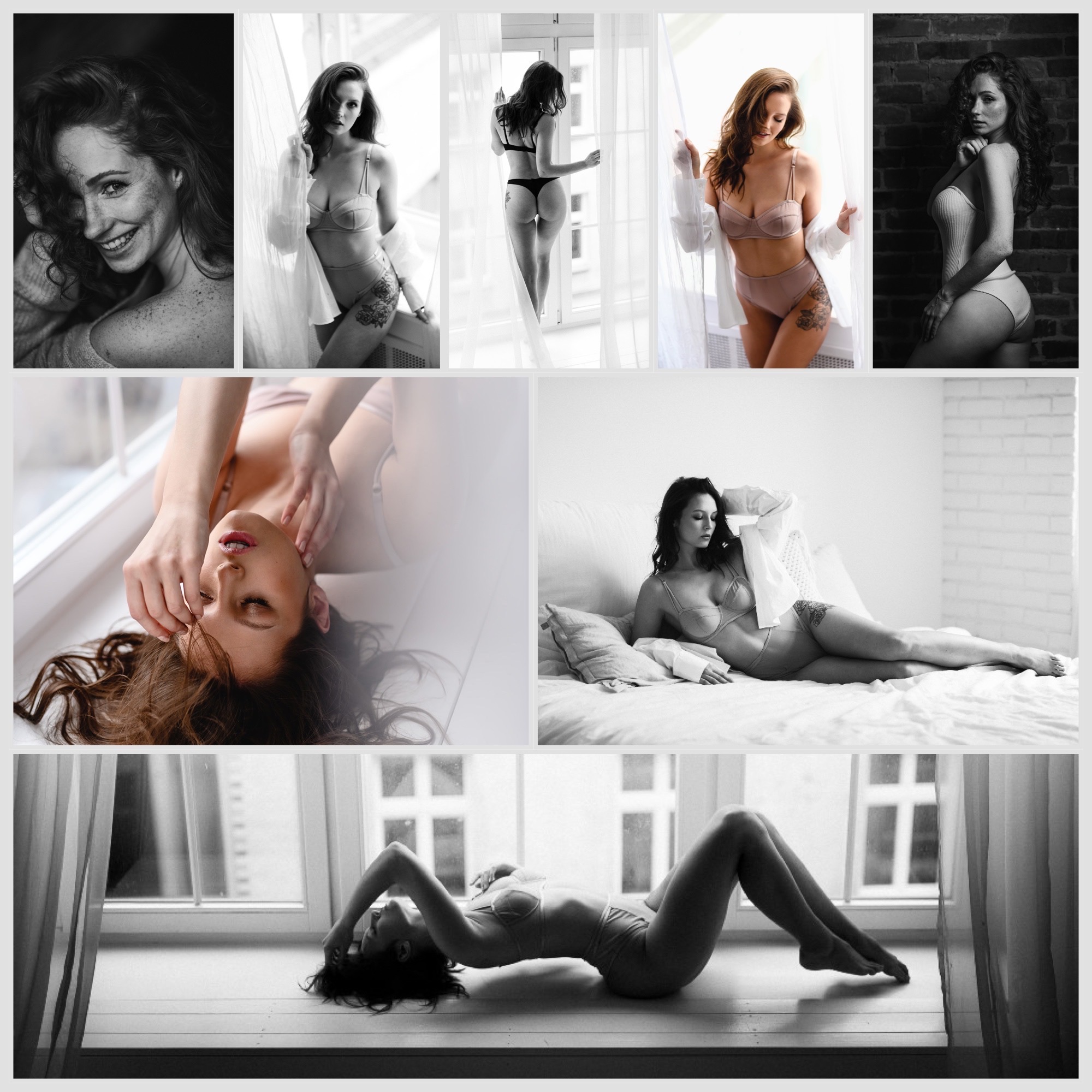 Kolaż czarno-białych i kolorowych zdjęć kobiety w bieliźnie, w różnych pozach i sceneriach, od zbliżeń twarzy z piegami po pełne sylwetki na tle okna i ceglanej ściany.
