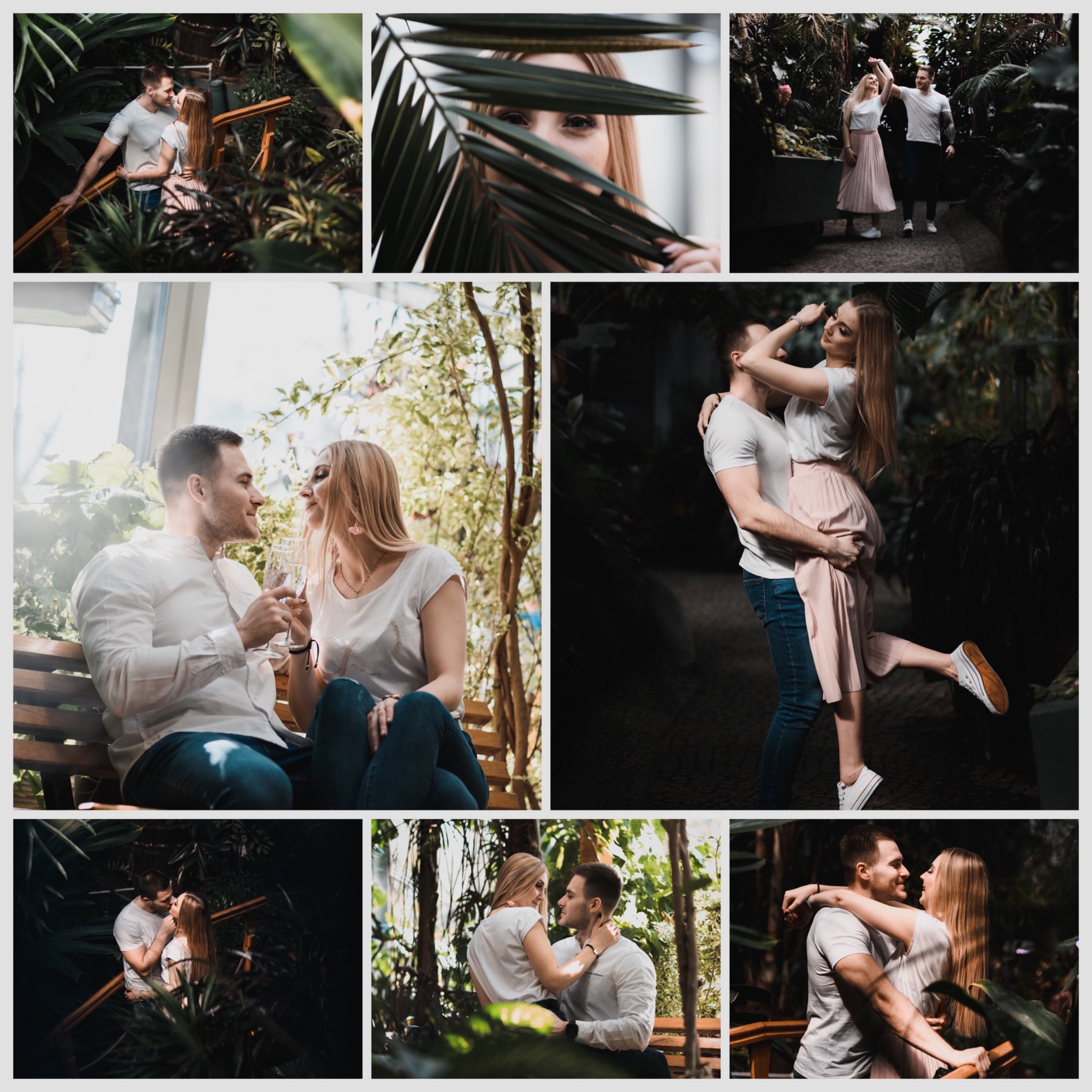 Kompozycja zdjęć narzeczeńskich w oranżerii: para pije szampana, spaceruje i pozuje wśród tropikalnej roślinności.