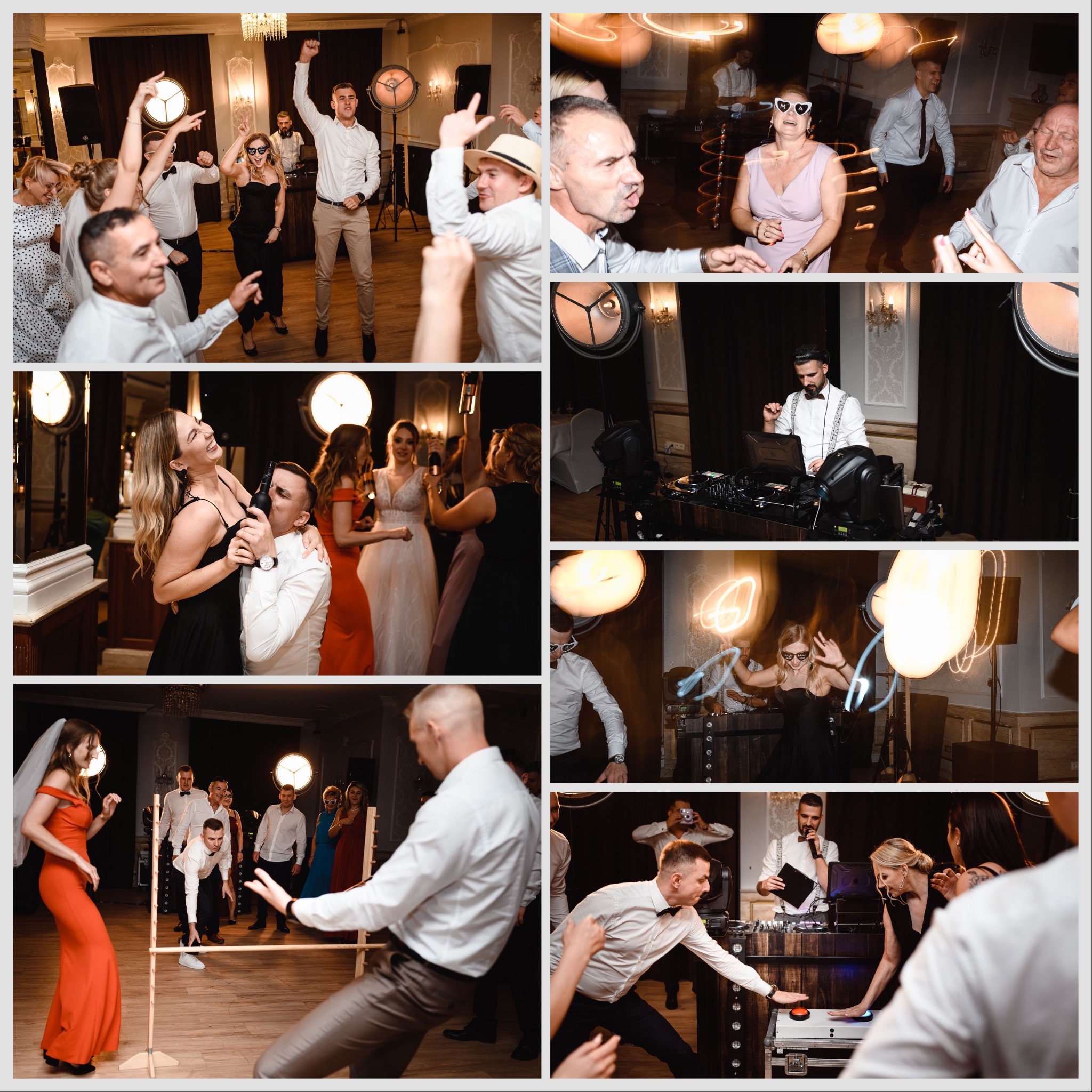 Kolaż zdjęć z imprezy: tańczący goście, DJ za konsoletą, zabawa limbo, interaktywna gra z przyciskami, oświetlenie sceniczne.