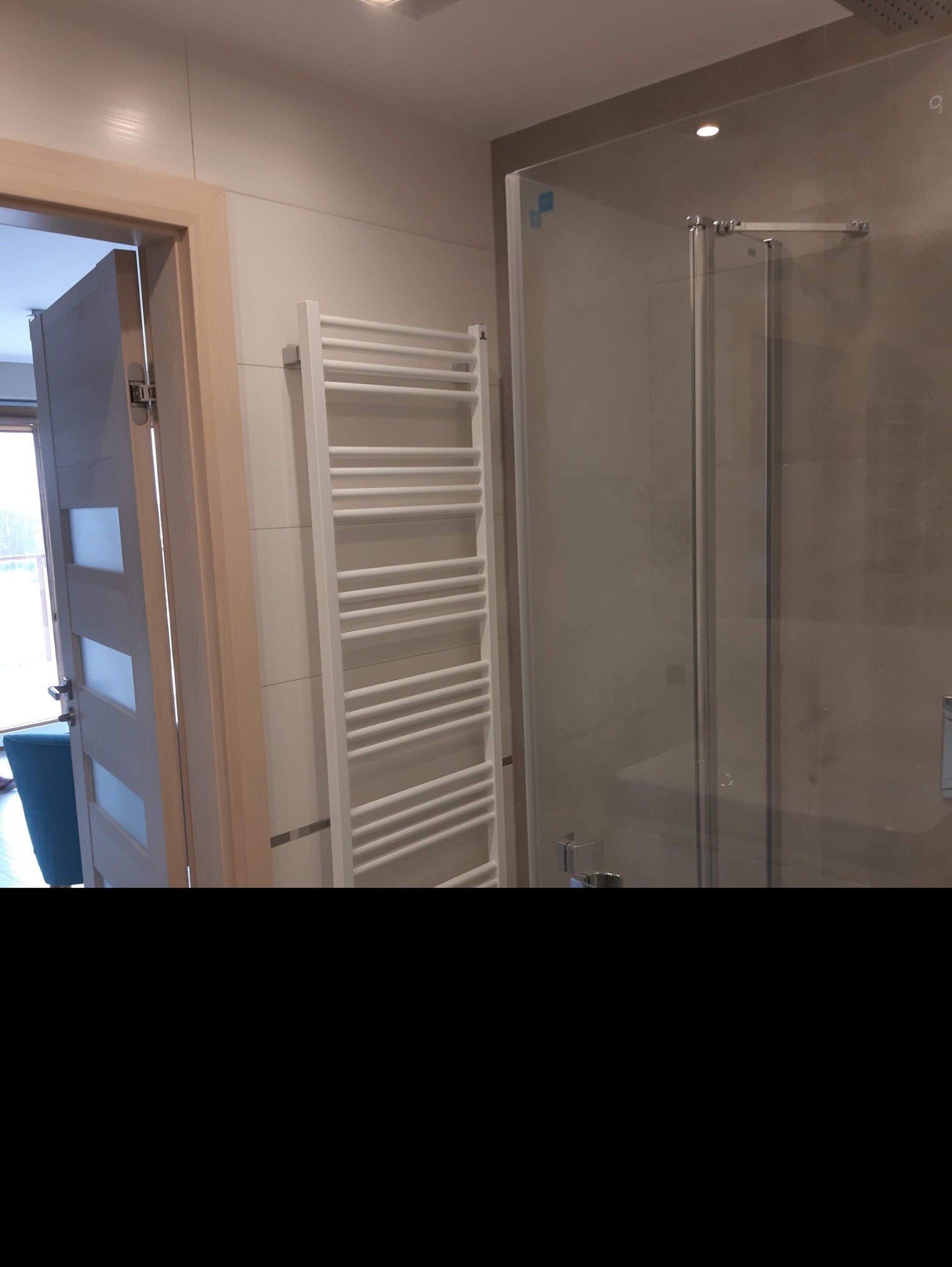 Wykończona łazienka z kabiną prysznicową z szarego szkła, białym grzejnikiem drabinkowym i otwartymi, drewnianymi drzwiami.