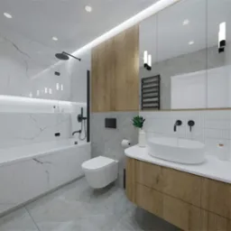 Nowoczesna łazienka z wanną obudowaną marmurem, szklanym parawanem prysznicowym z czarnymi profilami, wiszącą toaletą, umywalką nablatową na drewnianej szafce i szarą płytką podłogową