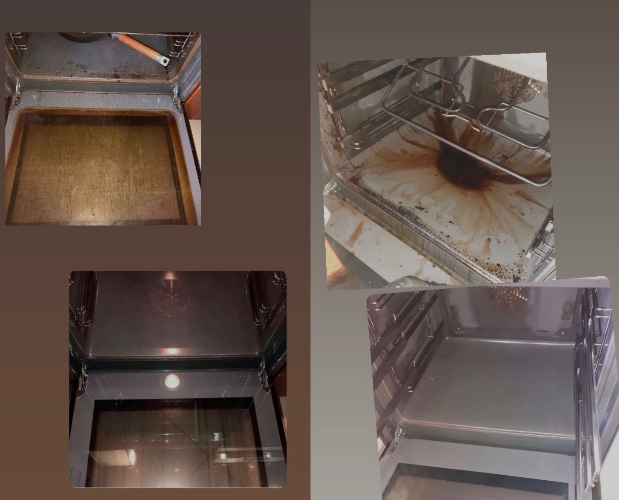 Kolaż zdjęć przedstawiający wnętrze brudnego piekarnika przed i po czyszczeniu, z widocznymi resztkami jedzenia i tłuszczu na różnych poziomach oraz czystą powierzchnią po usunięciu zabrudzeń.