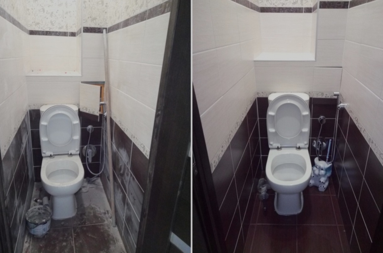 Porównanie stanu toalety przed i po remoncie w Poznaniu: widoczne różnice w czystości płytek, podłogi i otoczenia muszli klozetowej.