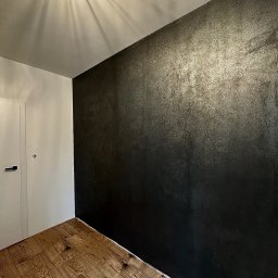 Usługi remontowo - budowlane DARBUD - Ściana pomalowana na czarno z delikatnym połyskiem, drewniana podłoga, biała ściana z drzwiami, oświetlenie sufitowe z metalową klatką.