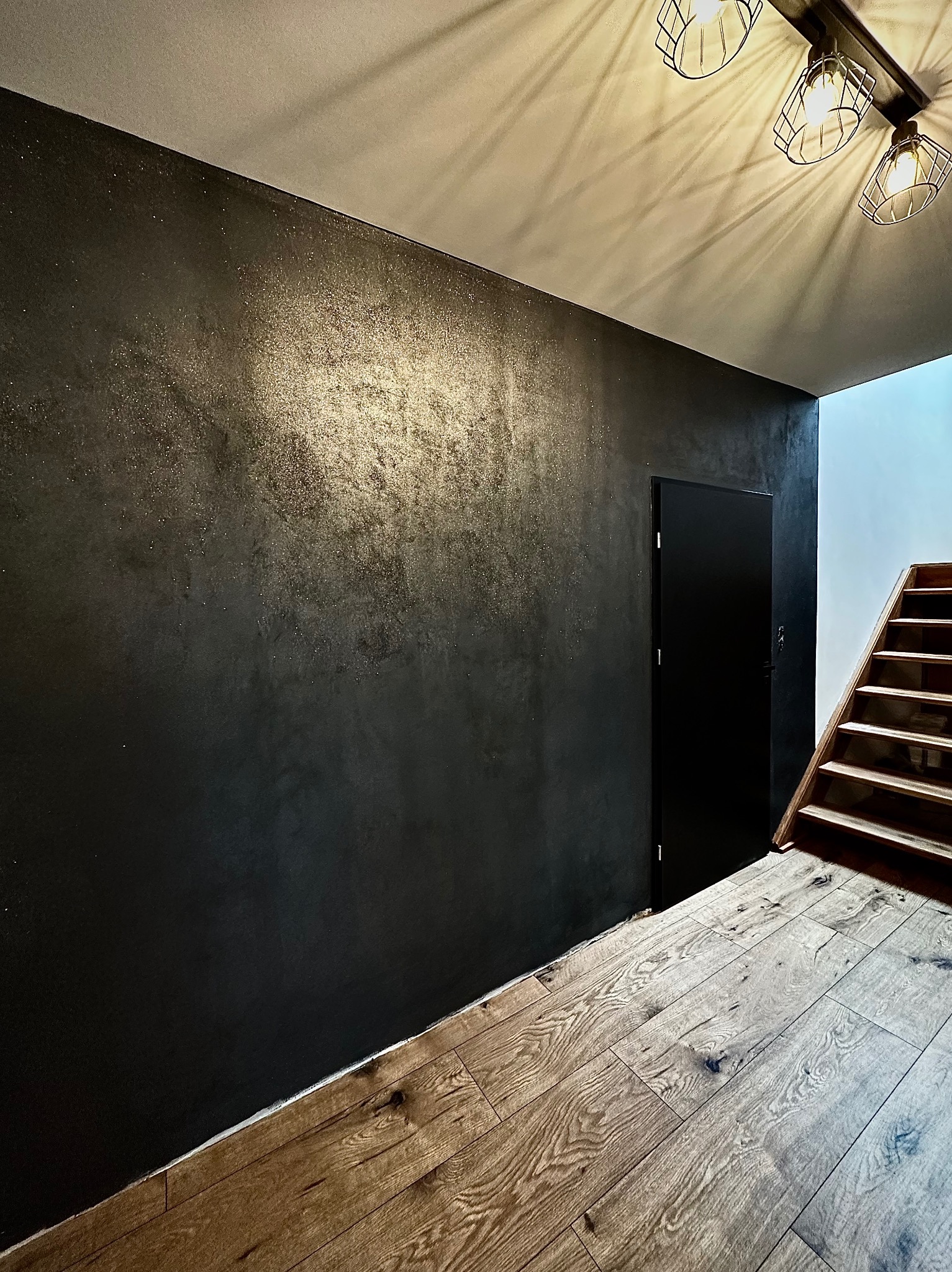 Czarna ściana z efektem połysku w korytarzu, drewniana podłoga z szerokich desek, czarne drzwi i drewniane schody, oświetlenie sufitowe z metalowymi kloszami.