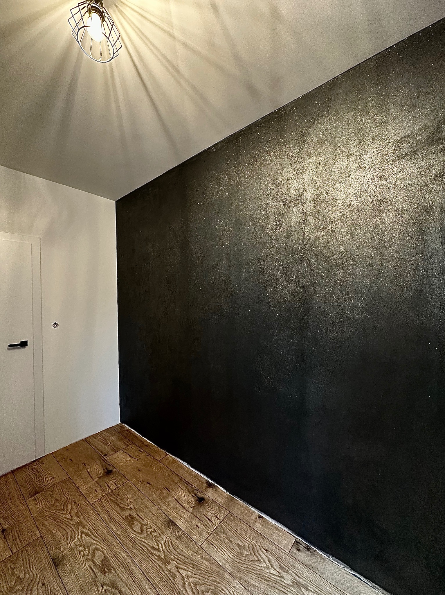 Ściana pomalowana na czarno z delikatnym połyskiem, drewniana podłoga, biała ściana z drzwiami, oświetlenie sufitowe z metalową klatką.