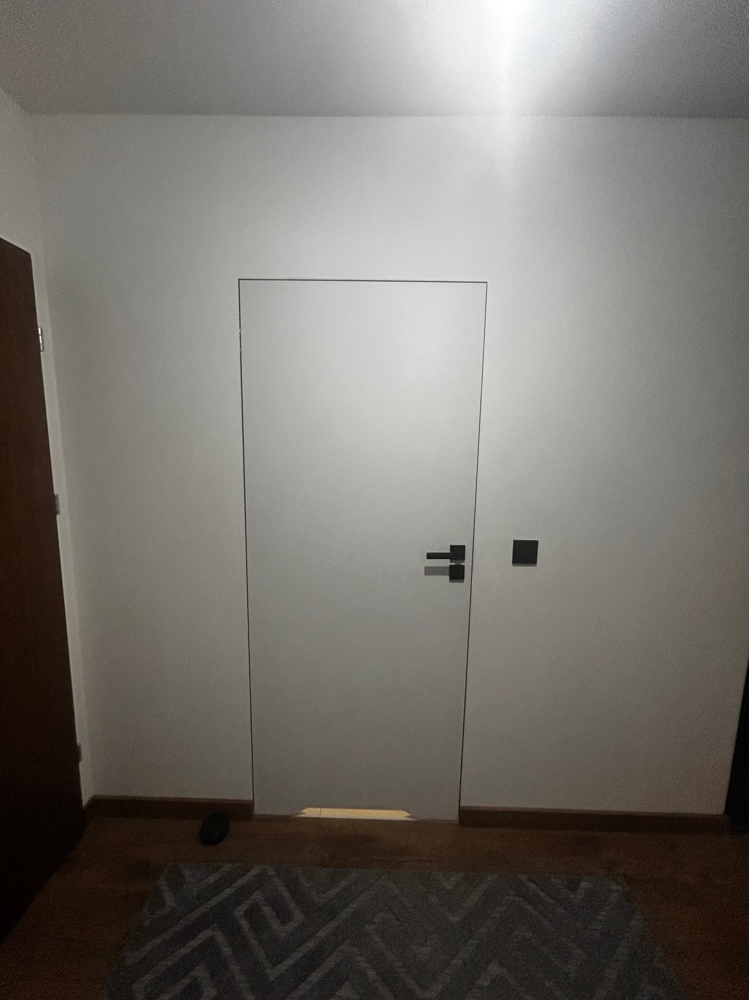 Minimalistyczne, białe drzwi ukryte w ścianie, z czarną klamką i włącznikiem, na tle drewnianej podłogi i wzorzystego dywanu. Nowoczesny design.