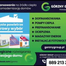 Grafika reklamowa firmy Górzny Group z Krotoszyna oferującej dofinansowania na źródło ciepła i termomodernizację domów, obejmująca wizualizacje ocieplenia, klimatyzacji, paneli słonecznych i pompy...