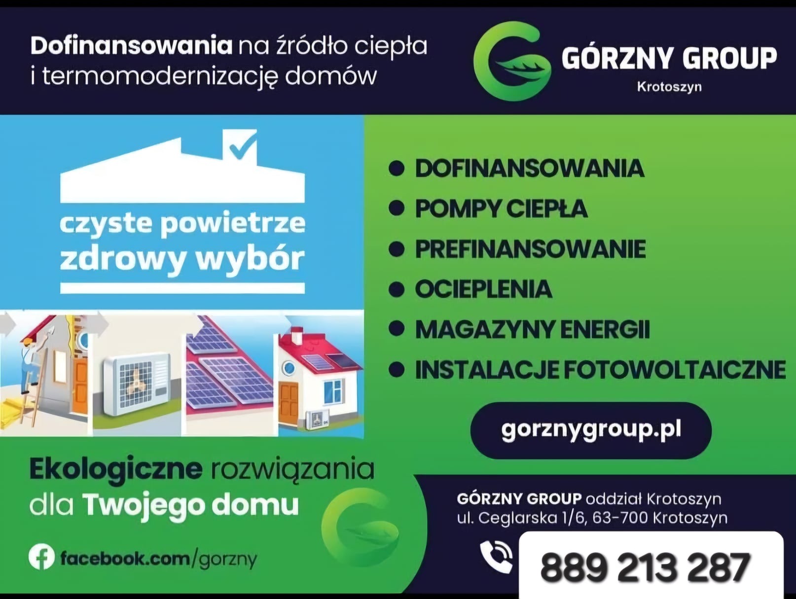 Grafika reklamowa firmy Górzny Group z Krotoszyna oferującej dofinansowania na źródło ciepła i termomodernizację domów, obejmująca wizualizacje ocieplenia, klimatyzacji, paneli słonecznych i pompy...
