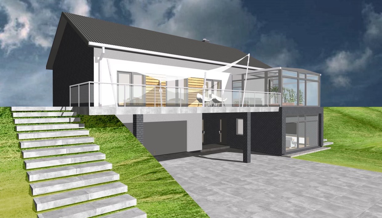 Wizualizacja nowoczesnego domu z garażem w bryle, tarasem z zadaszeniem przeciwsłonecznym i schodami prowadzącymi do ogrodu.