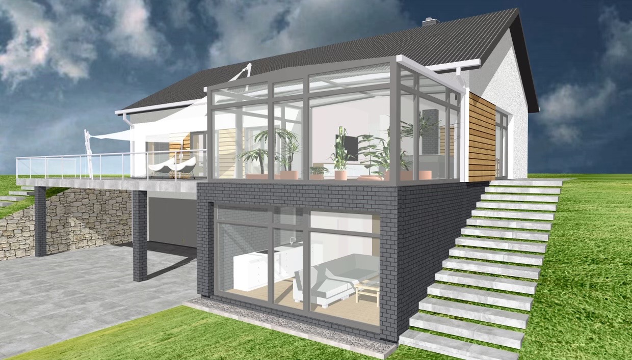 Wizualizacja domu murowanego z ogrodem zimowym i tarasem w Goleniowie, widoczne schody prowadzące do ogrodu.