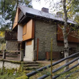 Dwukondygnacyjny dom z kamienną elewacją i drewnianymi elementami, otoczony lasem, widoczny z zewnątrz, z metalowym dachem i drewnianym balkonem.