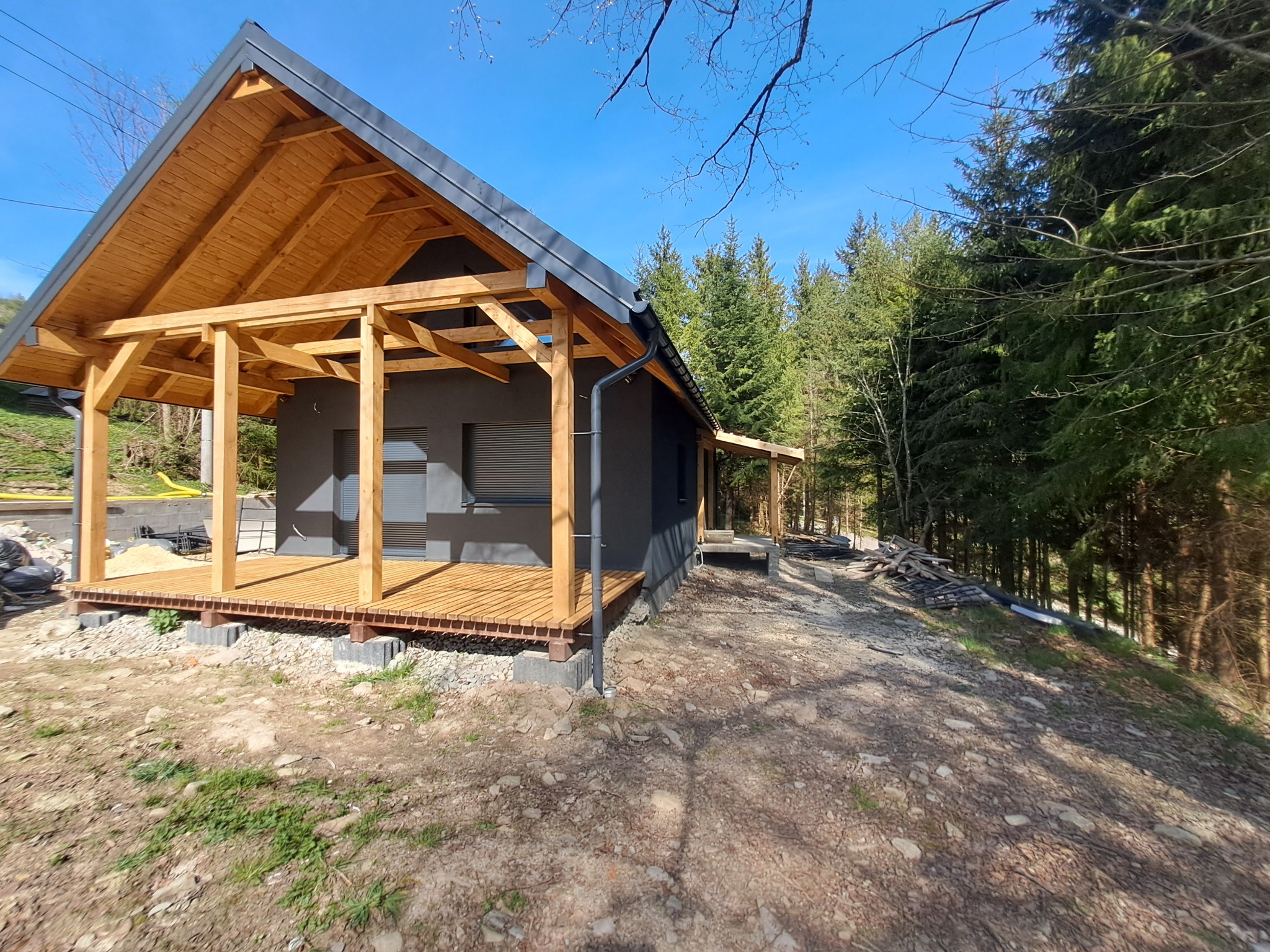 Surowy, nowoczesny dom z ciemną elewacją i drewnianą konstrukcją dachu oraz tarasu, położony na nierównym terenie z widokiem na las iglasty.