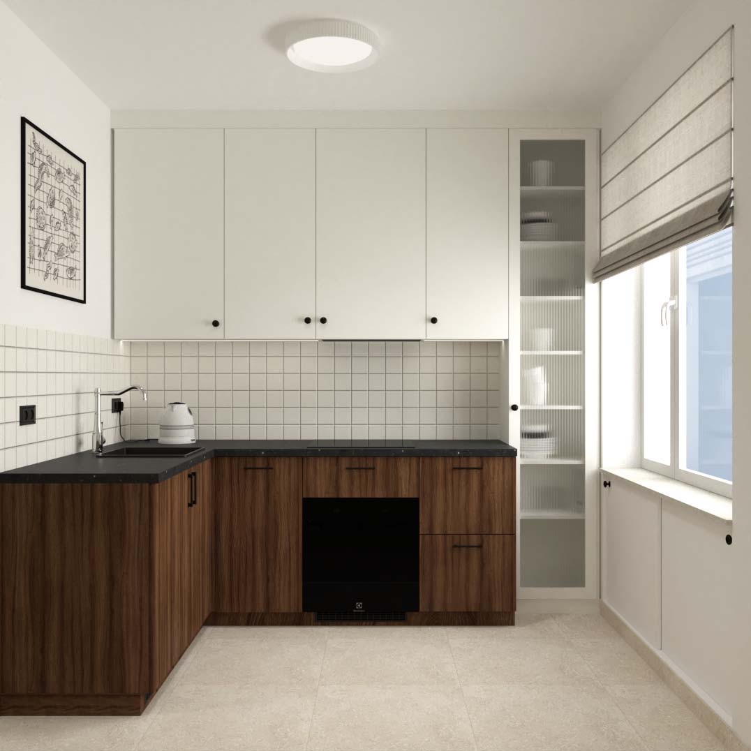 Wizualizacja małej kuchni z białymi górnymi szafkami i drewnopodobnymi dolnymi, czarnym blatem, białymi płytkami na ścianie i oknem z roletą rzymską.