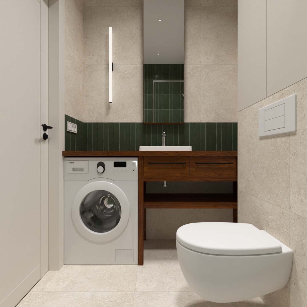 Nowoczesna łazienka z beżowymi płytkami, drewnianą szafką pod umywalką, wiszącą toaletą i pralką obok drzwi.