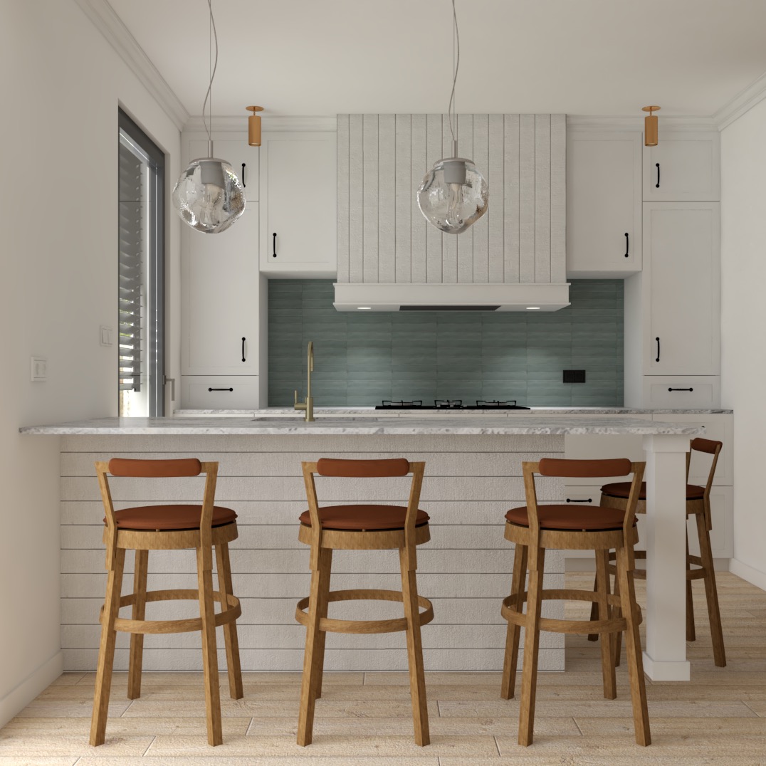 Wizualizacja nowoczesnej kuchni z wyspą, drewnianymi hokerami z brązowymi siedziskami, białymi szafkami, okapem z pionowymi panelami i turkusowymi płytkami na ścianie, oświetlona dwoma szklanymi...