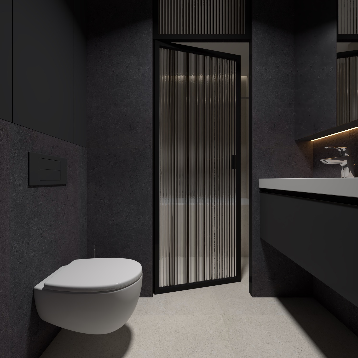 Nowoczesna łazienka w ciemnej tonacji z wiszącą toaletą, umywalką z szafką i szklanymi drzwiami kabiny prysznicowej z pionowymi prążkami.