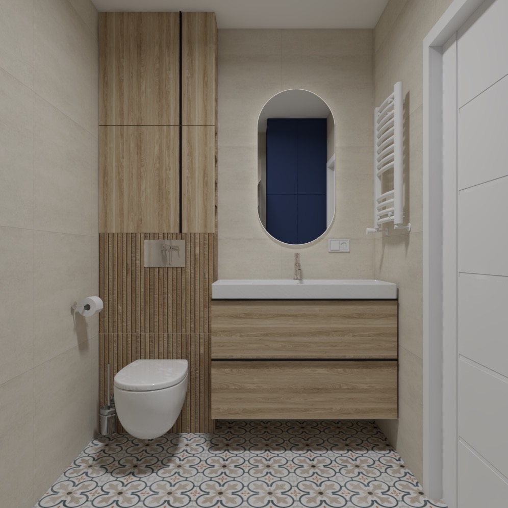 Nowoczesna łazienka z wiszącą toaletą, szafką pod umywalką z drewnianymi frontami, owalnym lustrem z podświetleniem LED i dekoracyjną ścianą z pionowych paneli drewnianych.