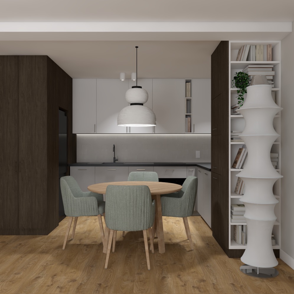 Wizualizacja wnętrza: okrągły drewniany stół z czterema zielonymi krzesłami w jadalni połączonej z kuchnią, nad stołem designerska lampa, obok regał z książkami i oryginalną lampą podłogową.