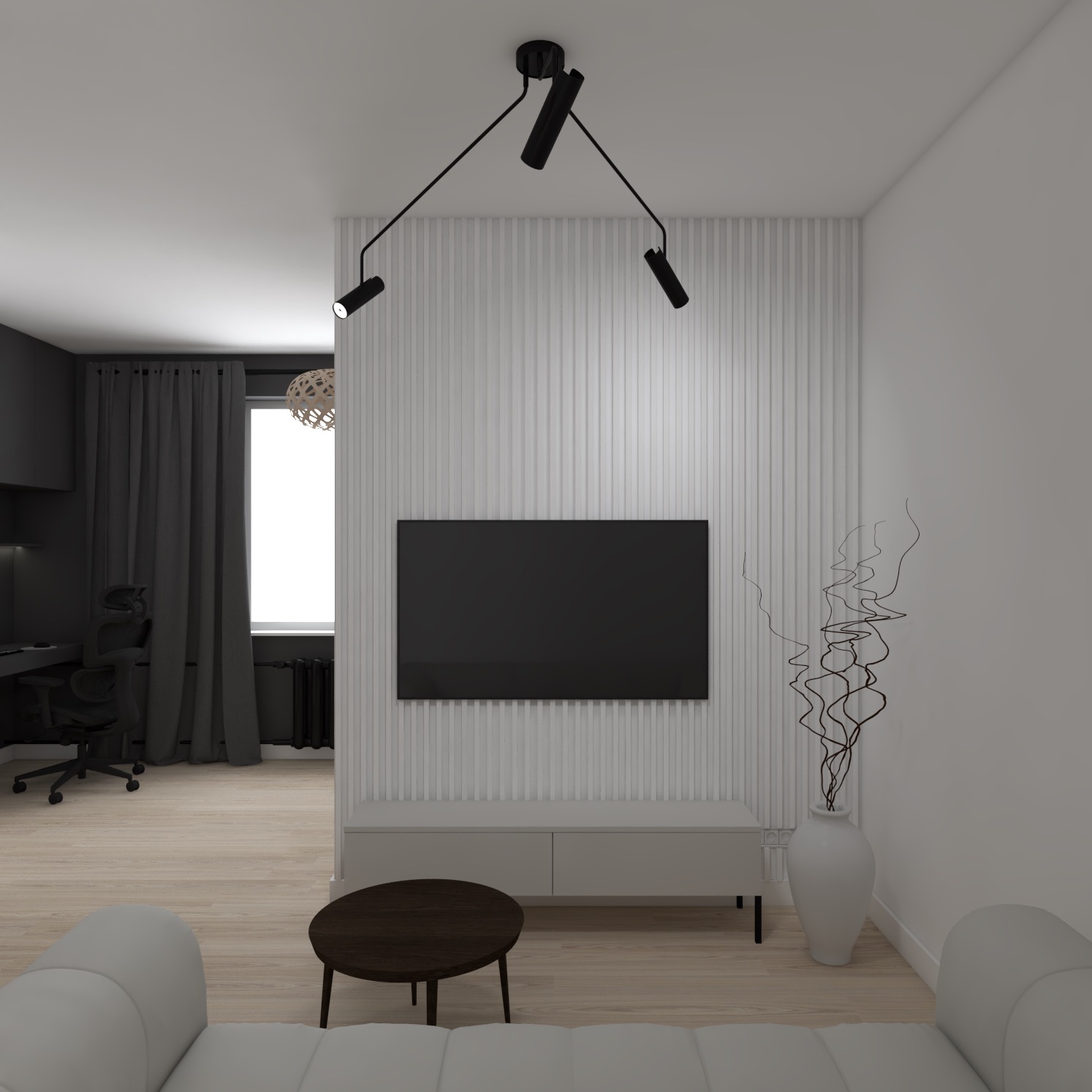 Wizualizacja salonu w odcieniach bieli i szarości z panelem ściennym, wiszącym telewizorem, niską komodą, okrągłym stolikiem kawowym i nowoczesnym oświetleniem punktowym.