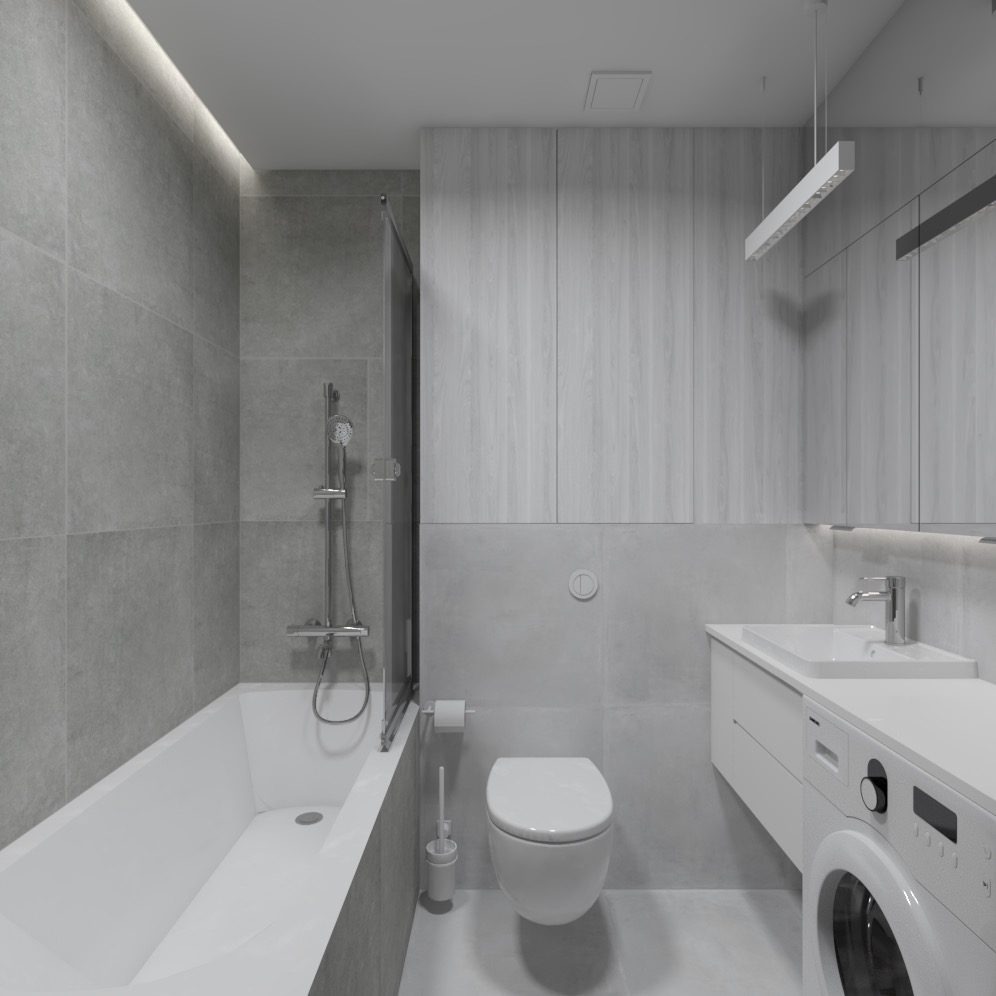 Minimalistyczna łazienka w odcieniach szarości i bieli, z wanną z prysznicem, toaletą wiszącą, umywalką z szafką i pralką, oświetlona listwą LED.
