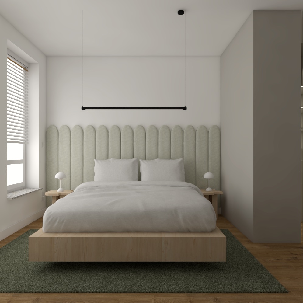 Minimalistyczna sypialnia z łóżkiem na drewnianej platformie, tapicerowanym zagłówkiem w pastelowym odcieniu zieleni i wiszącą lampą liniową.