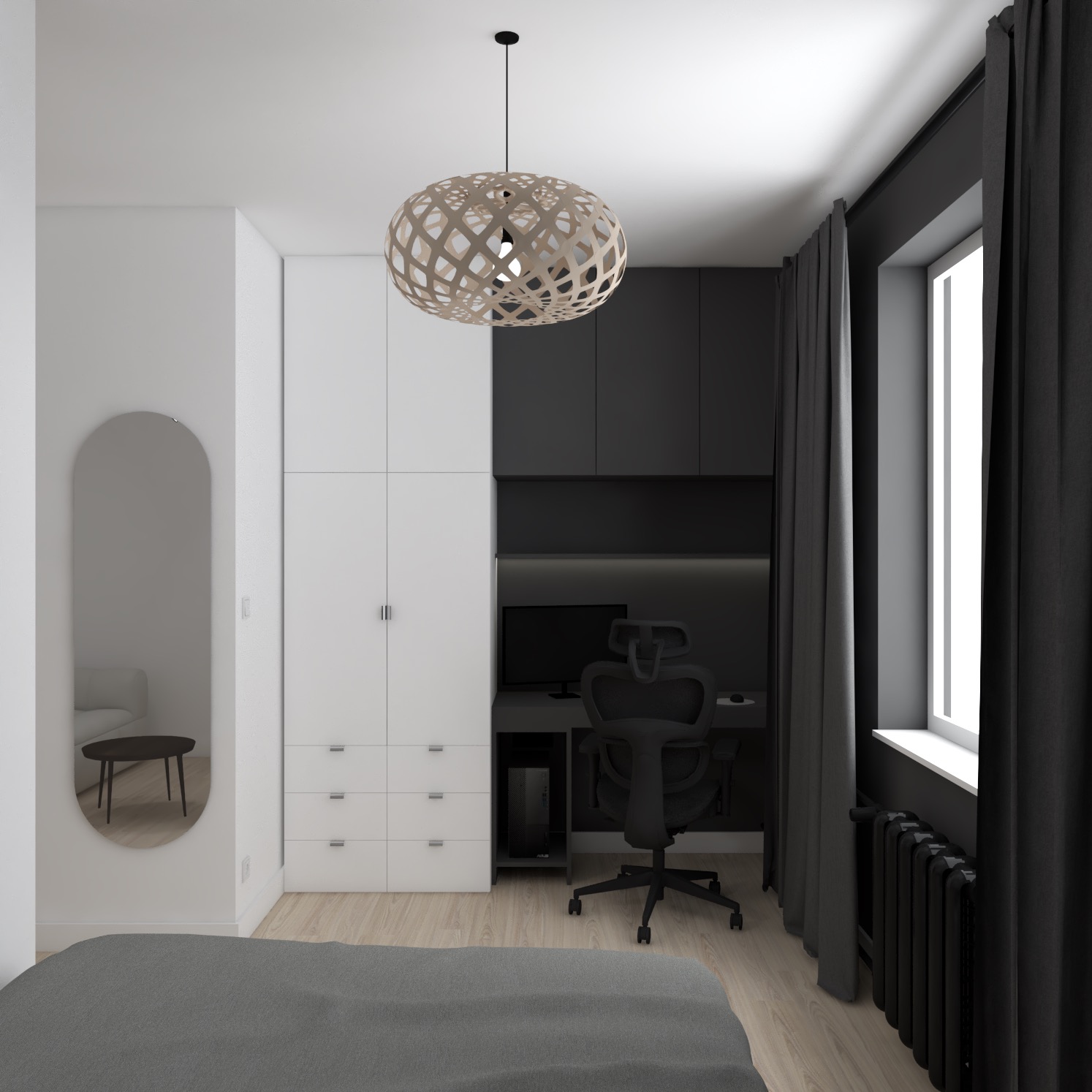 Sypialnia w Lublińcu z biurkiem i krzesłem w zabudowie, z szafą w kolorach bieli i czerni, okrągłe lustro na ścianie i dekoracyjna lampa sufitowa.