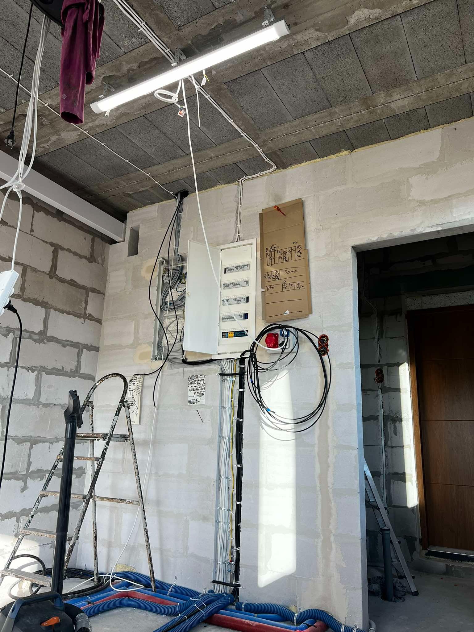 Wnętrze w trakcie prac elektrycznych: rozdzielnia elektryczna, kable prowadzone wzdłuż ściany z betonu komórkowego, drabina i rury instalacyjne na podłodze.
