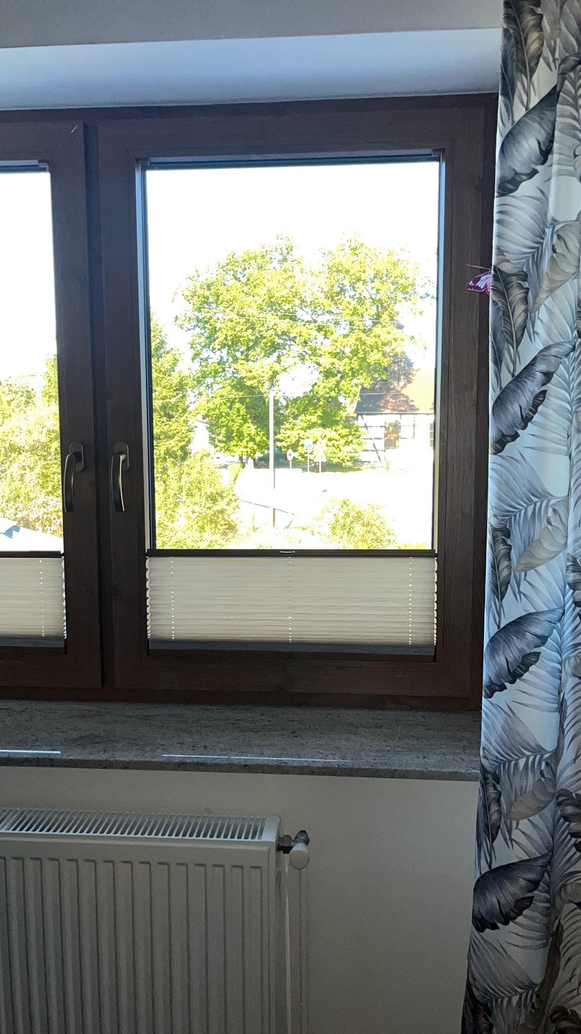 Brązowe okno z plisowanymi roletami, widok na zieleń. Dekoracyjna zasłona z motywem liści. Biały grzejnik pod oknem. Jasne, naturalne światło.