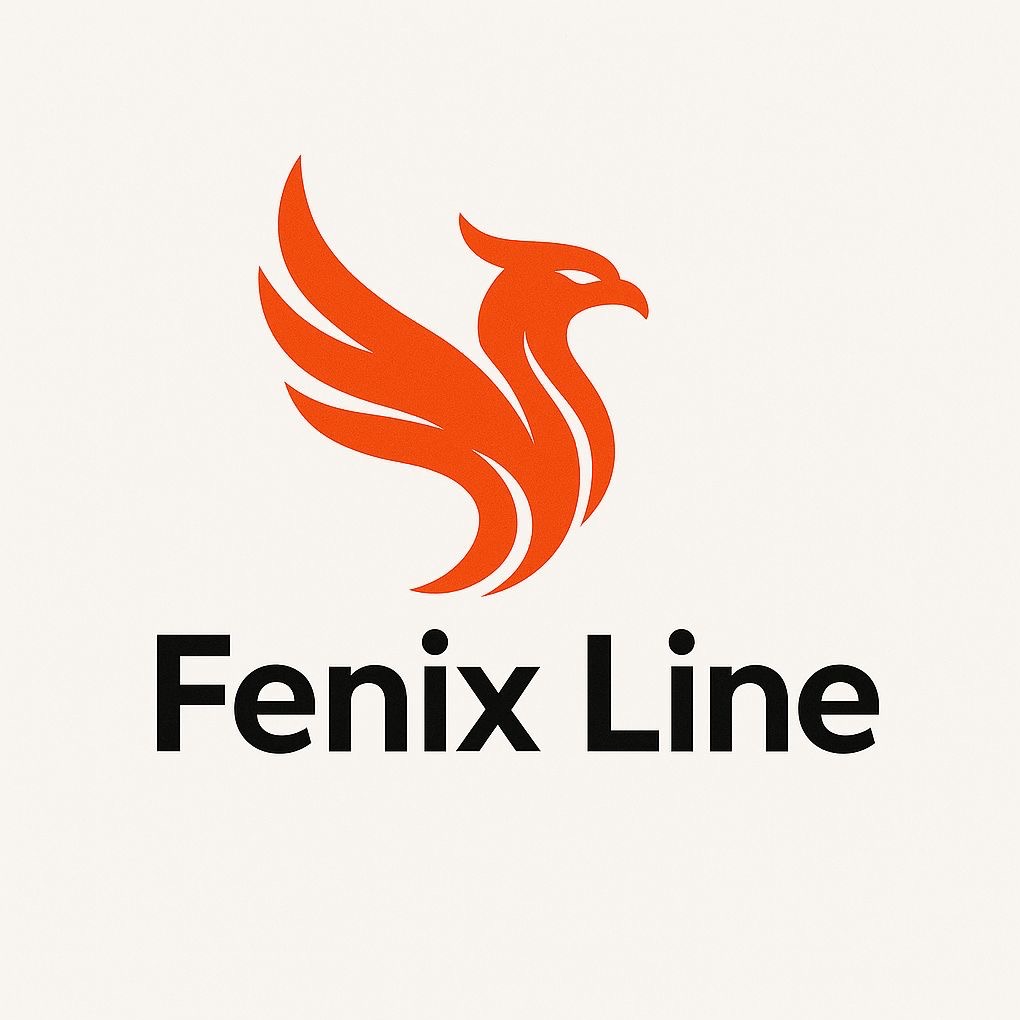 Logo firmy 'Fenix Line' z pomarańczowym symbolem feniksa na białym tle. Czarny napis 'Fenix Line' pod grafiką.