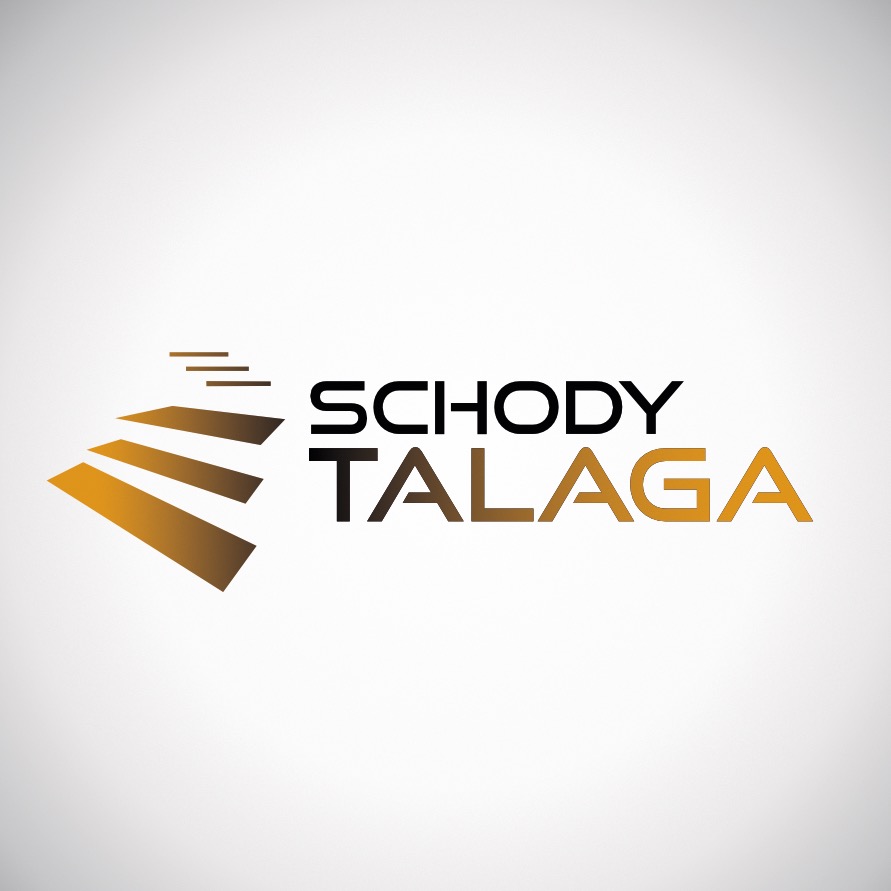 Logo firmy Schody Talaga z graficznym symbolem schodów w odcieniach brązu i złota.