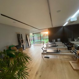 Pro-Bud Krzysztof Kargut - Jasne wnętrze sali do ćwiczeń z parkietem, rzędem maszyn do pilatesu, zieloną rośliną w donicy i widokiem na ogród przez duże okno.