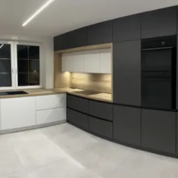 Nowoczesna kuchnia z czarnymi i białymi szafkami, drewnianym blatem i oświetleniem LED. Minimalistyczny design, zabudowa z piekarnikiem i płytą indukcyjną.