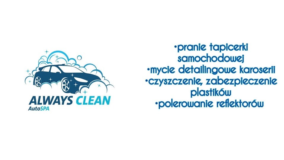Grafika wektorowa przedstawiająca sylwetkę samochodu w otoczeniu bąbelków, z tekstem 'ALWAYS CLEAN AutoSPA' poniżej, oraz listą usług: pranie tapicerki samochodowej, mycie detailingowe karoserii...