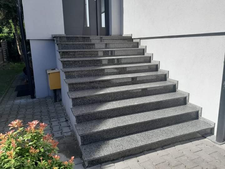 Zewnętrzne schody wejściowe do domu wyłożone szarym, nakrapianym kamieniem, prowadzące do szarych drzwi. Na pierwszym planie krzew z pomarańczowymi kwiatami.