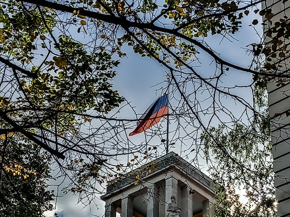 Flaga Liechtensteinu powiewa na szczycie budynku z kolumnami, widoczna przez gałęzie drzew.