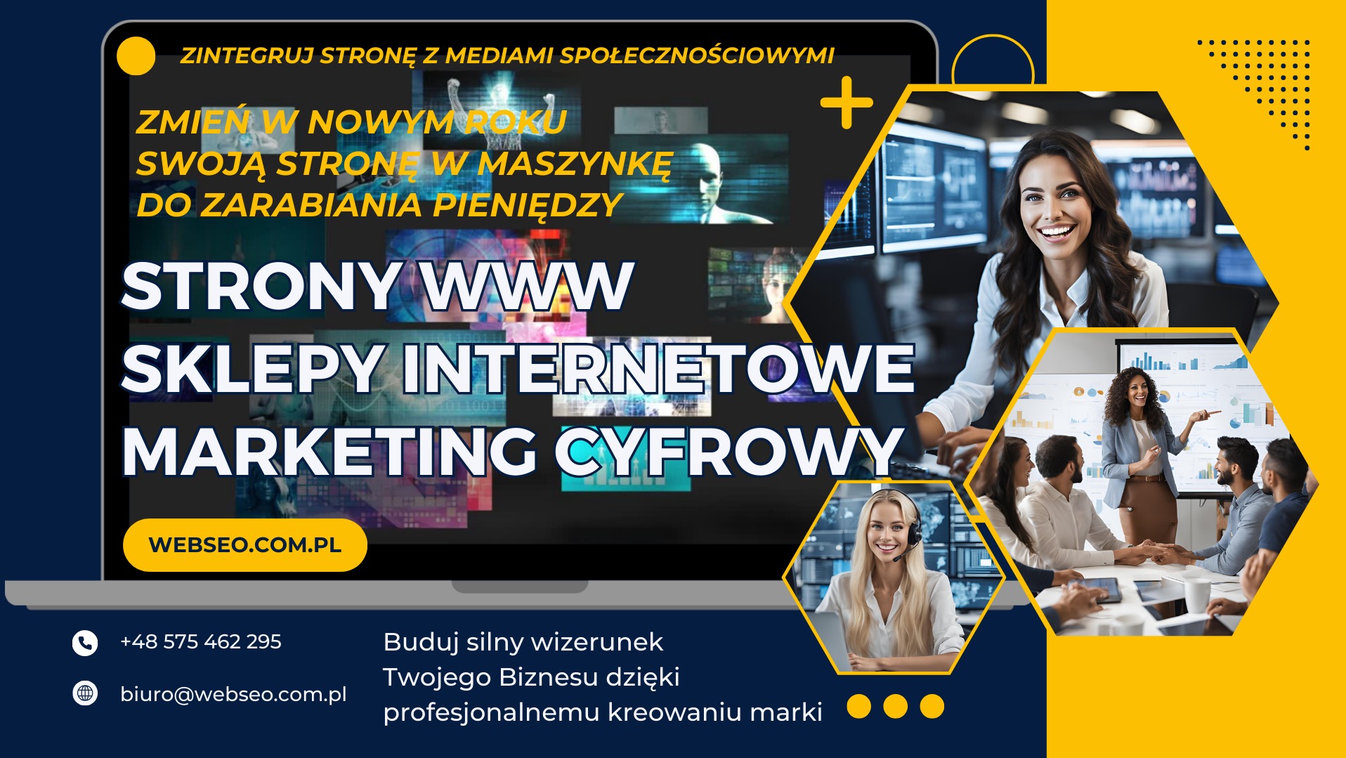 Grafika reklamowa przedstawiająca ofertę firmy Web SEO z Warszawy, specjalizującej się w tworzeniu stron internetowych, sklepów online i marketingu cyfrowym, z wizerunkami uśmiechniętych kobiet...