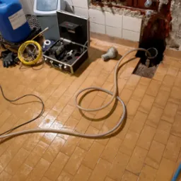 Udrażnianie rur w trakcie: kamera inspekcyjna z oświetleniem, wąż i akcesoria na mokrej, brązowej podłodze z płytek, w tle otwór w ścianie z odsłoniętymi rurami.