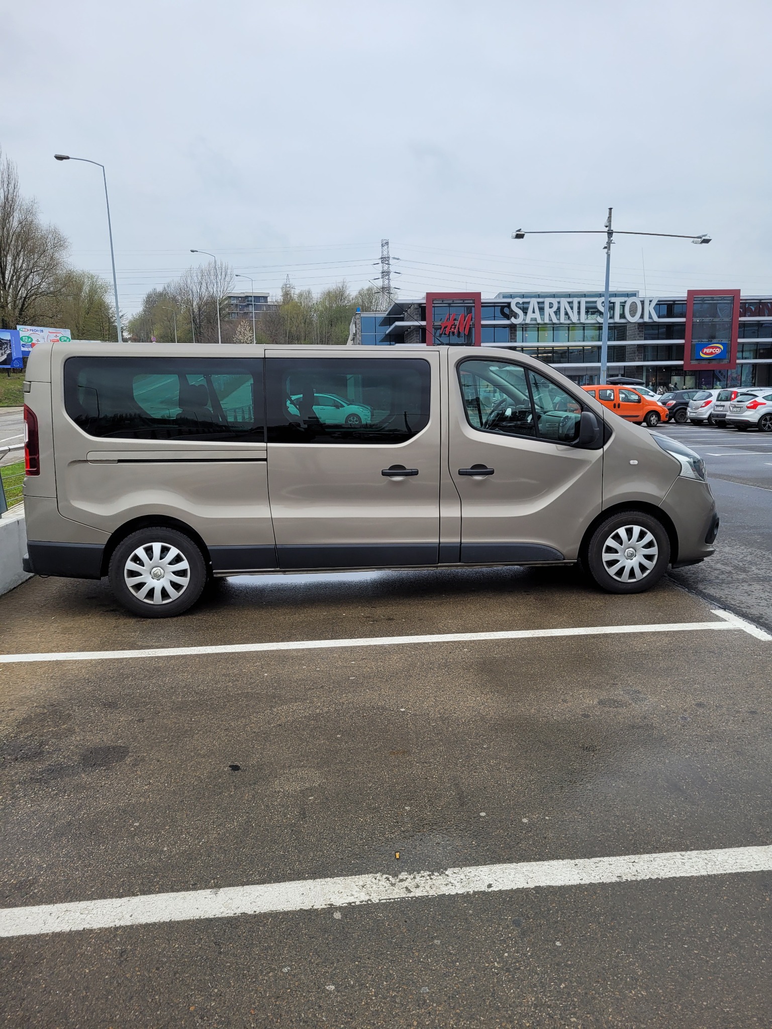 Beżowy van z przyciemnianymi szybami zaparkowany na parkingu przed centrum handlowym Sarniestok w pochmurny dzień.