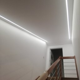 Tantum Optima - Korytarz ze schodami z drewnianą balustradą i dwoma liniowymi lampami LED w suficie, widok z dołu.