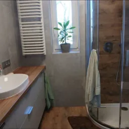 Nowoczesna łazienka z drewnianym blatem pod umywalką, grzejnikiem drabinkowym, kabiną prysznicową z drewnopodobnymi panelami i rośliną w doniczce na parapecie okna.